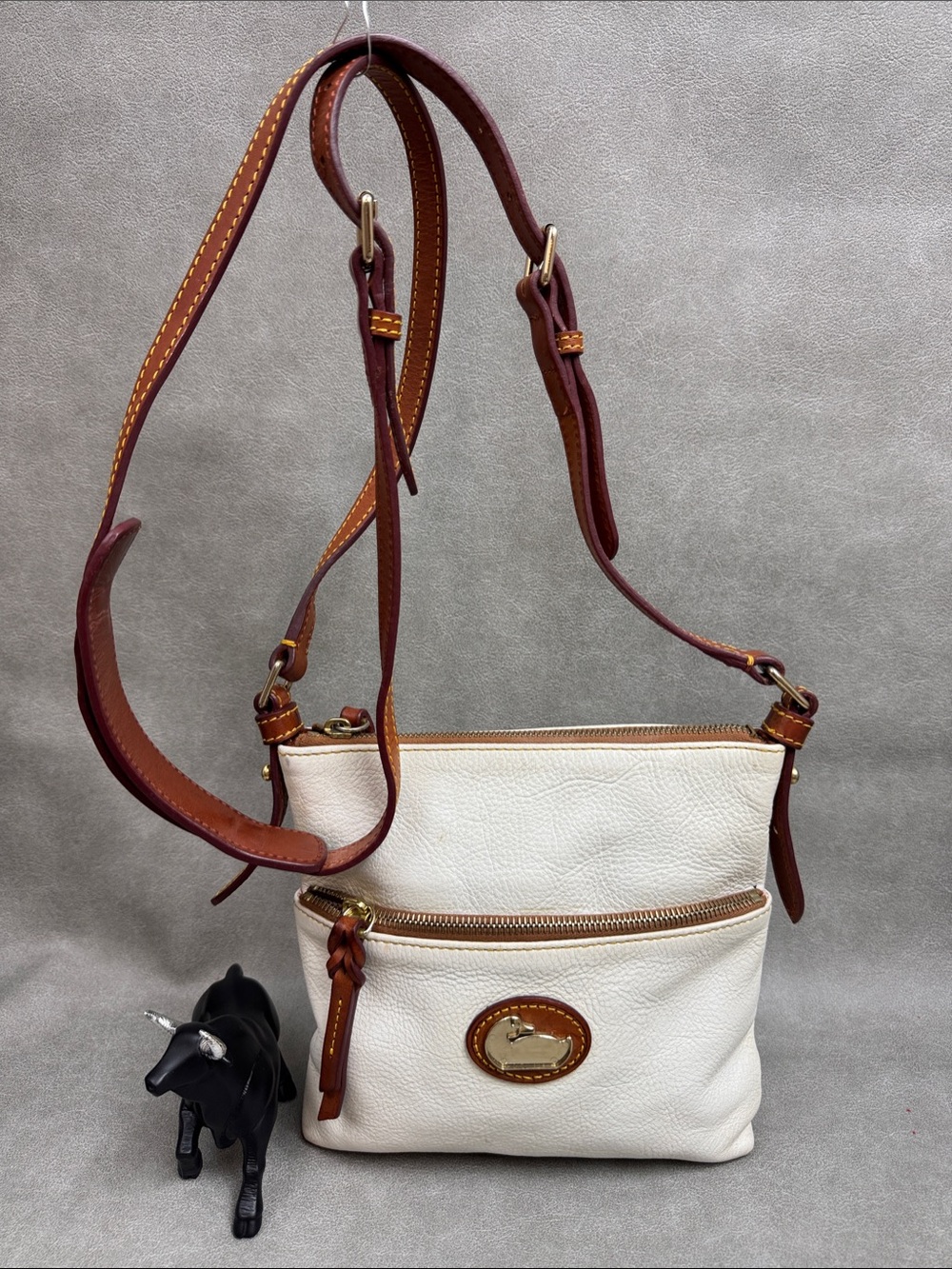 Dooney & Bourke Cream Pebble Leather Crossbody with Brown Trim